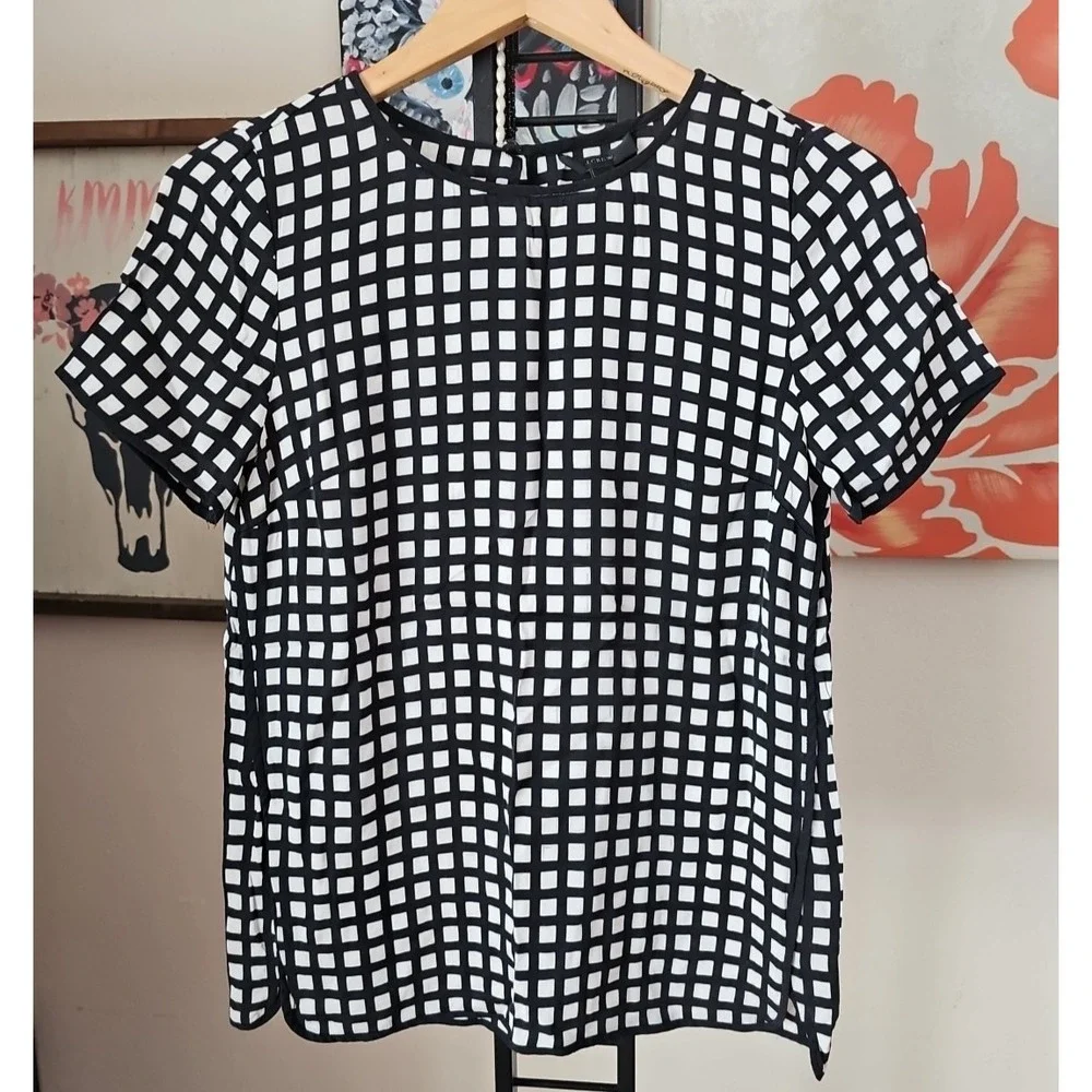 J‎ CREW Women's Tipped Silk Tee Black White Windowpane Short Sleeve Top Size 2